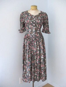 Vtg 80s Pink Black Floral Chintz Cottagecore Tea Dress Drop Waist 100% Cotton 11 - Picture 1 of 8