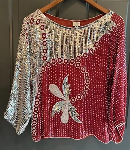 Top da sera vintage 100% seta perline argento paillettes accenti di perle rosse piccolo - Foto 1 di 10