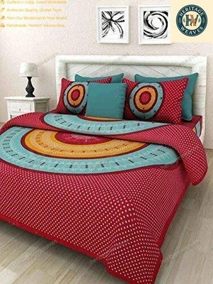 Sábana bajera doble de algodón estampada Jaipuri para decoración del hogar, 2 fundas de almohada Foto 1 de 4