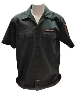 Men's L DICKIES Short Sleeve Gray Button Up Shirt Harley Davidson/ Fat Boy Patch - Picture 1 of 10