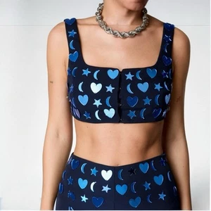 Nasty Gal verspiegelter Anhänger Herz Mond Sterne Crop Bralette marineblau 8 neu mit Etikett $ 107 - Bild 1 von 11