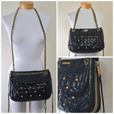 Rebecca Minkoff Black Leather Bag Purse Shoulder Crossbody Quilted Studded Gift - Image 1 of 4