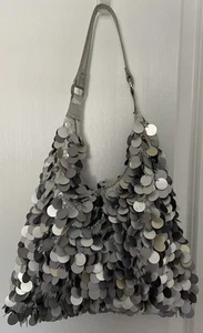 Sparkly Silver Tone Large Sequin Hobo Bag Satin Interior Boho Chic Bohocore EUC - Picture 1 of 23