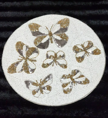 2 Silver Gold Metallic Butterflies Pearl White Hand Beaded 15" Placemats Sequins - Image 1 of 4