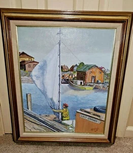 quadro incorniciato stampa 1980 firmato Whyte Nova Scotia pescatore abbassa la vela - Foto 1 di 6