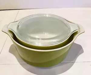 Pair Lot 2 PYREX 474B & 475B VERDE GREEN CASSEROLE BOWLS 1 Lid AVOCADO Estate - Picture 1 of 12