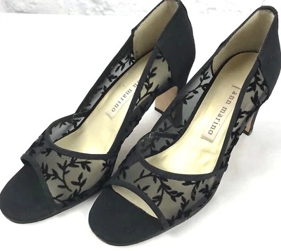 Zapatos de salón ANN MARINO negros artesanales de malla flocada aspecto de encaje tacones elegantes punta abierta 6 Foto 1 de 4