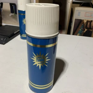 Vintage Holiday Thermos Blue Gold Stripe Metal England .45 L complete Mint NOS - Picture 1 of 10