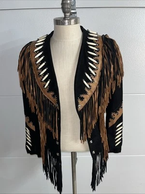 Chaqueta De Colección Galería De Cuero Negra Gamuza y Cuero Flecos Imitación Hueso Cuentas Nueva XS Foto 1 de 4