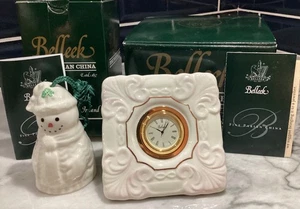 Belleek Desk Clock Porcelain Shell Motif + Snowman Bell NIB - Picture 1 of 3