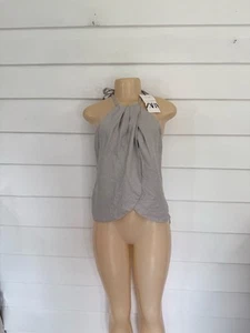 NWD ZARA Woman Asymmetric Halter Neck Grey 100% Linen Top Size L Y717K READ* - Picture 1 of 23