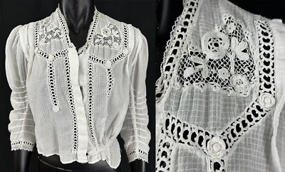 Blusa eduardiana blanca tejida a cuadros de algodón irlandesa crochet encaje Foto 1 de 2