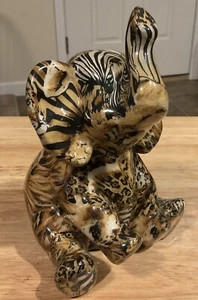 La Vie Sitting Elephant Safari Patchwork Animal Print 8” Figurine - Picture 1 of 3