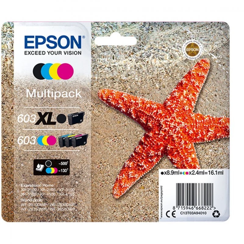 MULTIPACK 4 CARTUCCE ORIGINALI EPSON 603 STELLA MARINA NERO XL + COLORI STANDARD - Immagine 1 di 1