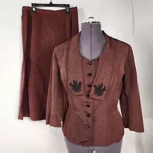 Vintage 1950s Red & Black Striped Polka Dot 2 Piece Skirt Suit Set Jacket Sz M - Picture 1 of 15