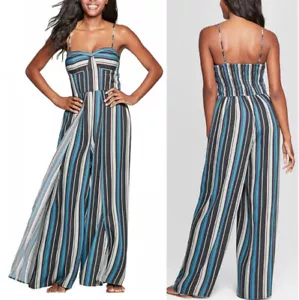 Xhilaration Blue Striped Bra Cup Sleeveless Wide Leg Jumpsuit Size Small - Picture 1 of 12