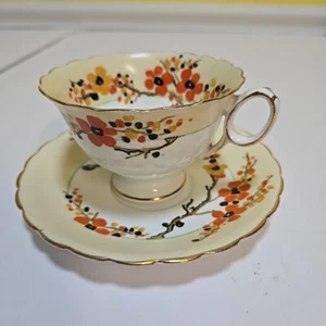 Seltene Vintage Atlas Bone China Teetasse und Untertasse England orange gelbgoldfarben - Bild 1 von 7