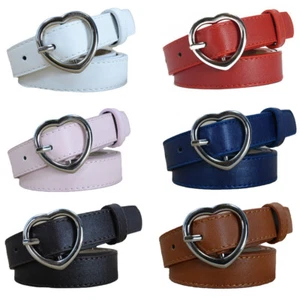 Women Metal Heart Buckle Skinny Waist Belt Faux Leather Dress Jeans Waistband - Picture 1 of 12