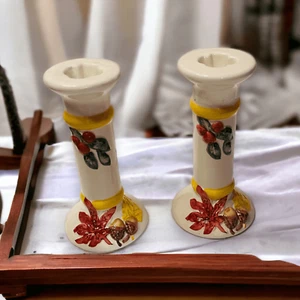 Kerzenständer (2) Herbst Blätter weiß Bauernhaus 7,5" Erntedank Dekoration - Bild 1 von 5