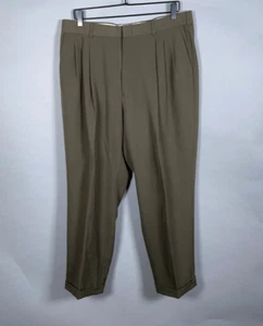 VTG Worsted Wool Blend Pleated Trousers Men's 35 x 27 Green Cuffed Dress Pants - Picture 1 of 18