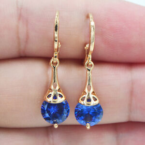 18K Yellow Gold Filled Women Blue Topaz Teardrop Dangle Earrings Jewelry