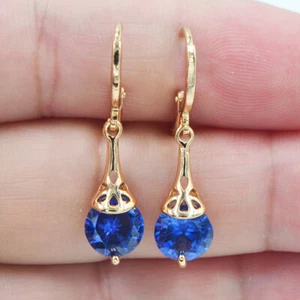 18K Yellow Gold Filled Women Blue Topaz Teardrop Dangle Earrings Jewelry - Picture 1 of 16