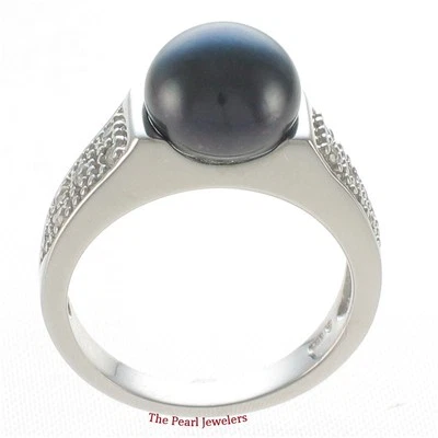 Solid Sterling Silver .925 Black Cultured Pearl & CZ Accent Ring - Image 1 of 4