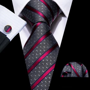 Wine Red Striped Necktie Mens Tie & Hankie Cufflinks & Tie Pin Set Casual - Picture 1 of 7