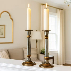 Set of 2 Vintage Heavy Metal & Copper Candlesticks Made in India 10 and 12 inch - Picture 1 of 6
