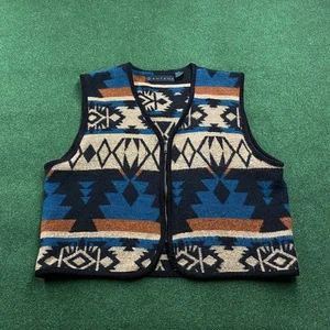 Vintage Wool Vest Mens L Blue 90S Santana Aztec Navajo Pattern Western Full Zip - Picture 1 of 8