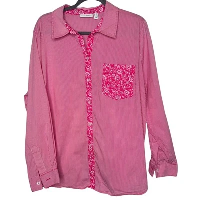 Susan Graver Cotton Blend Pink Striped Button Down Shirt Floral Pocket Coastal - Изображение 1 из 4