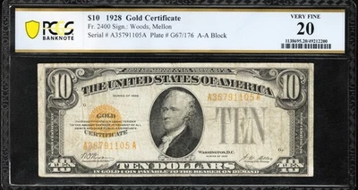 1928 $10 CERTIFICADO ORO PCGS MUY FINO 20 Fr 2400 91105 Foto 1 de 2