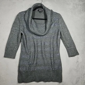 IZ Byer Cowl Neck Sweater Gray Sequined Metallic Silver Threading 3/4 Slv Sz L - Picture 1 of 15