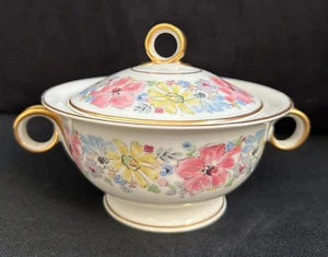 Zuccheriera vintage Haviland France fiordalisi porcellana bordo oro con coperchio floreale - Foto 1 di 17