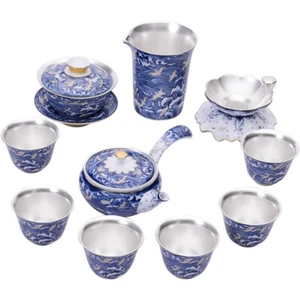 Complete Tea Set Pure Silver Tea Pot With Handle Porcelain Gaiwan Matching Cup - Picture 1 of 12