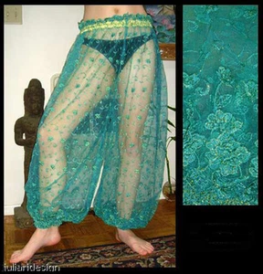 Pantalones harén danza del vientre azul azulado con brocado dorado - Imagen 1 de 1