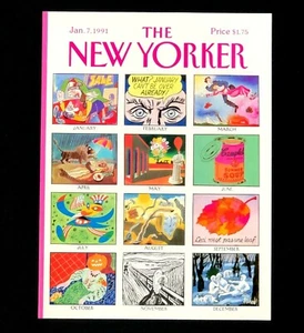 Portada de revista New Yorker 1991 calendario mes vacaciones gráficos enero vintage - Imagen 1 de 1