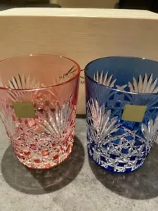 Kagami Crystal Edo Kiriko rock pair Glass Blue & Pink D7.5cm H9cm made in japan - Picture 1 of 6