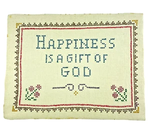 Finished Christian Cross Stitch Happiness Is A Gift Of God Floral Corner 10x13" - Picture 1 of 5