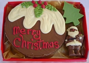 Handgefertigter belgischer Schokoladen-Weihnachtspudding, Weihnachtsmann & Baumkorb personalisierbar - Bild 1 von 2