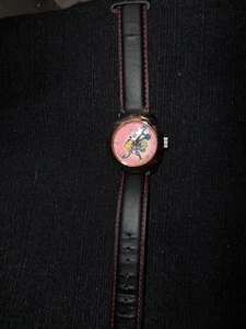 Disney SII Minnie Skinny Legged Silver Tone Watch MC0367 Black Leather Band - Picture 1 of 4
