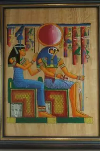 Egyptian Papyrus Wall Art Painting of Horus & Nefertari on a Throne KC684 - Picture 1 of 3