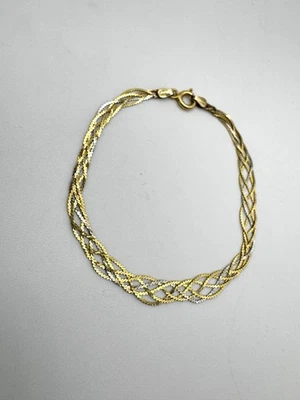 Brazalete de cadena de espiga trenzada de 4 hilos plano delgado de oro de 14k de colección brilla Foto 1 de 4