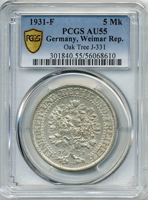 1931-F 5 Marks Germany, Weimar Republic, Oak Tree - Choice About UNC, PCGS AU 55 - Image 1 of 2