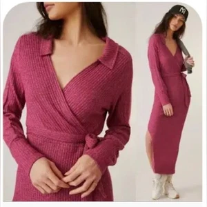 Anthropologie S pink ribbed belted wrap v neck stretchy long sleeve maxi dress - Picture 1 of 15