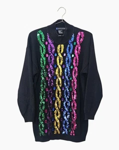 IB DIFFUSION Sweater Women's Sz M Sequin/beaded Vintage 90s Geometric Black - Picture 1 of 8