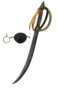 Plastic Pirate Sword Gold Earring Black Eye Patch Set Costume Accessory Kit - Picture 1 of 8