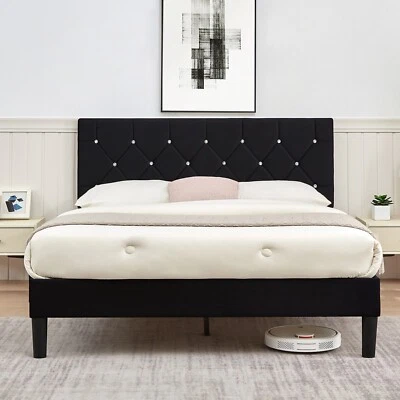 Upholstered Bed Frame Twin Queen Size Platform Diamond Button Tufted Headboard - Image 1 of 4