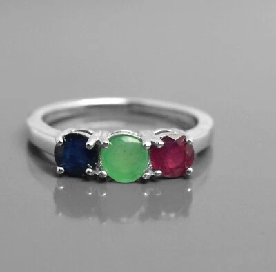 Anillo de tres piedras de plata de ley 925 con piedras preciosas de rubí y zafiro natural Foto 1 de 4