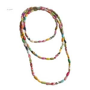Fair Trade Very Long Necklace Handmade Upcycled Kantha Kai Fabric Beads Recycled - Picture 1 of 20